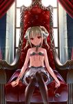  1girl bare_shoulders bat_wings black_legwear blonde_hair blush bra breasts chain chair collar demon_girl demon_tail demon_wings horns kakuno looking_at_viewer navel original pointy_ears red_eyes sitting skirt small_breasts solo succubus tail tattoo thighhighs underwear wings 