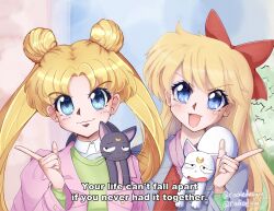 2girls :d adult_swim aino_minako animal_on_shoulder artemis_(sailor_moon) artist_name bishoujo_senshi_sailor_moon bishoujo_senshi_sailor_moon_r bishoujo_senshi_sailor_moon_r:_the_movie bishoujo_senshi_sailor_moon_s bishoujo_senshi_sailor_moon_s:_the_movie bishoujo_senshi_sailor_moon_supers bishoujo_senshi_sailor_moon_supers:_the_movie black_cat blonde_hair blue_eyes bow cat closed_mouth double_bun english_commentary english_text hair_bow hair_bun highres long_hair luna_(sailor_moon) multiple_girls open_mouth radicalyue red_bow smile toei_animation toonami tsukino_usagi v-shaped_eyebrows viz_media white_cat