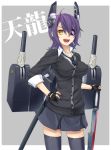  1girl black_legwear breasts character_name eyepatch fingerless_gloves gloves headgear kantai_collection necktie open_mouth personification prime purple_hair revision school_uniform short_hair solo sword tenryuu_(kantai_collection) thighhighs weapon yellow_eyes 