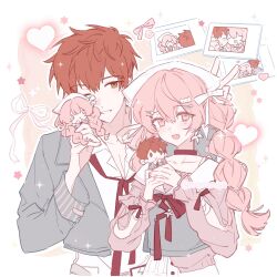  1girl blush breasts chibi commentary couple emiya_shirou english_commentary fate/stay_night fate_(series) gaoyue_jixiang grey_suit groom highres jacket long_hair long_sleeves momomiya_shizuku_(gaoyue_jixiang) oc_x_canon open_mouth orange_hair original pastels photo_(object) pink_eyes pink_hair polaroid_photo print_ribbon red_hair ribbon simple_background smile suit 