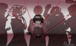  1girl 5others absurdres aged_down artist_name black_hair black_pants black_shoes blunt_bangs bob_cut bottle bug commentary english_commentary highres limbus_company multiple_others natsoo_(natsoomeee) pants project_moon red_eyes ryoshu_(project_moon) shadow shirt shoes spider string string_of_fate sunglasses white_shirt 