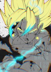  1boy blonde_hair blurry blurry_foreground crossed_arms dragon_ball dragon_ball_z earrings electricity green_eyes grey_background highres jewelry male_focus medium_hair partially_colored potara_earrings solo spiky_hair stktik09060906 super_saiyan super_saiyan_1 upper_body vegetto 