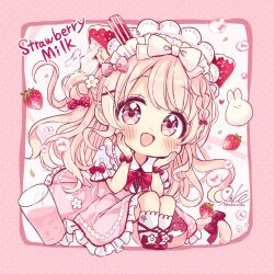  1girl :d animal animal_ear_fluff animal_ears blush border bow brown_hair cat_ears cat_girl cat_tail chibi collared_shirt commentary_request cup dress drinking_glass food frilled_dress frills fruit hair_bun hands_on_own_face hands_up highres long_hair looking_at_viewer original pink_border pink_dress pink_eyes polka_dot_border puffy_short_sleeves puffy_sleeves rabbit red_bow red_shoes sakura_oriko shirt shoes short_sleeves signature single_side_bun smile socks solo strawberry strawberry_milk tail tail_bow tail_ornament very_long_hair white_socks 