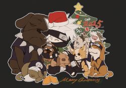  1boy akino_(naruto) animal bisuke_(naruto) black_gloves black_pants bull_(naruto) christmas christmas_tree closed_eyes commentary dog english_commentary fingerless_gloves flak_jacket forehead_protector gloves grey_hair guruko_(naruto) hat hatake_kakashi highres holding holding_animal holding_dog jacket konohagakure_symbol mask merry_christmas mouth_mask naruto_(series) one_eye_covered pakkun_(naruto) pants red_hat santa_hat shiba_(naruto) spiky_hair urushi_(naruto) uuhei_(naruto) zhiyanpianyu55126 