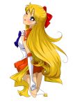  1girl 2013 aino_minako aryiane bishoujo_senshi_sailor_moon blonde_hair blue bow circlet dated hair_bow highres jewelry lips long_hair looking_back miniskirt necklace necklace_removed sailor_venus signature simple_background skirt solo transparent_background wink 