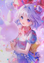  1girl :d absurdres ahoge alternate_costume balloon blue_eyes blue_pupils blue_skirt blue_streaks blush bow camera camera_around_neck commentary cotton_candy dalchae drop-shaped_pupils food furina_(genshin_impact) genshin_impact hair_between_eyes hair_bun heterochromia highres holding holding_balloon holding_cotton_candy holding_food lanyard looking_at_viewer medium_hair multicolored_hair open_mouth shirt short_sleeves signature skirt smile solo streaked_hair surintendante_chevalmarin symbol-shaped_pupils teeth upper_teeth_only white_bow white_hair white_shirt 