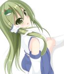  1girl bare_shoulders chimunge detached_sleeves frog_hair_ornament green_eyes green_hair hair_ornament highres kneehighs kochiya_sanae long_hair long_sleeves looking_at_viewer open_mouth shirt simple_background sitting skirt snake_hair_ornament solo touhou turning very_long_hair white_background white_legwear 