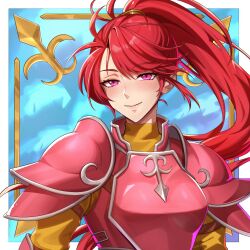  1girl absurdres armor bikini_boody blush breastplate breasts closed_mouth fire_emblem fire_emblem:_path_of_radiance highres jill_(fire_emblem) long_hair looking_at_viewer pauldrons pink_armor ponytail red_armor red_eyes red_hair shoulder_armor smile solo tunic upper_body yellow_tunic 