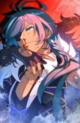  2boys antenna_hair armband artist_name back-to-back black_gloves blood blood_on_face blue_armband blue_eyes blue_hair blue_vest bracelet cape cleavage_cutout closed_mouth clothing_cutout collared_shirt commentary dark-skinned_male dark_skin diluc_(genshin_impact) earrings english_commentary eyepatch fingerless_gloves frost fur-trimmed_cape fur_trim genshin_impact gloves hair_over_shoulder hand_up jewelry kaeya_(genshin_impact) lapels long_hair low_ponytail male_focus multicolored_hair multiple_boys nosebleed one_eye_covered open_clothes open_shirt pectoral_cleavage pectorals perdizzion ponytail red_background red_hair shadow shirt single_earring smile smirk solo_focus spiked_bracelet spikes streaked_hair upper_body vest white_shirt 