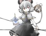  1girl animal_ears basket capelet cink-knic dowsing_rod grey_hair jewelry mouse mouse_ears mouse_tail nazrin pendant red_eyes short_hair simple_background solo tail touhou white_background 