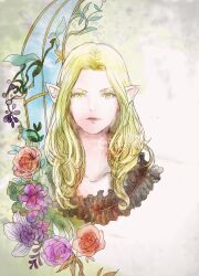  1girl barbariccia collarbone commentary_request cropped_shoulders curtained_hair elezen elf final_fantasy final_fantasy_xiv flower green_eyes green_hair long_hair pink_lips pointy_ears purple_flower purple_rose red_flower red_rose rose ruka_(blueplus84) solo straight-on 