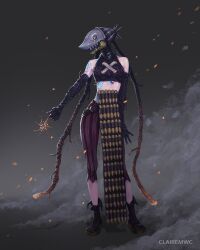  1girl arcane:_league_of_legends arcane_jinx arm_tattoo artist_name blue_tattoo chainsaw_man clairemwc cloud_tattoo cosplay highres jinx_(league_of_legends) league_of_legends object_head pants pink_pants reze_(chainsaw_man) shoulder_tattoo solo stomach_tattoo striped_clothes striped_pants tattoo torn_clothes torn_pants trait_connection 