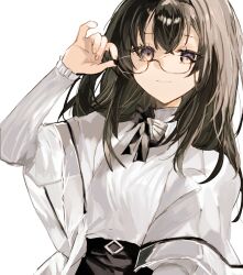  1girl adjusting_eyewear arknights black_hair black_hairband closed_mouth coat commentary_request fumi_(rdbm) glasses hairband hand_on_eyewear highres jacket long_hair long_sleeves looking_at_viewer looking_over_eyewear medium_hair priestess_(arknights) simple_background skirt smile solo sweater turtleneck violet_eyes white_coat white_sweater 