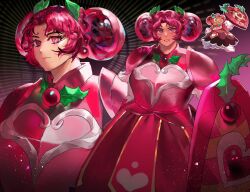  1girl armor chibi chibi_inset closed_mouth commentary cookie_run cookie_run:_kingdom double_bun english_commentary eyelashes feet_out_of_frame full_armor full_body hair_bun hair_ornament heart-shaped_ornament highres holding holding_shield hollyberry_cookie leaf_hair_ornament looking_at_viewer looking_to_the_side outline parted_lips pink_armor pink_eyes pink_hair portrait shield short_hair shoulder_armor smile teeth white_outline yusu_zune zoom_layer 