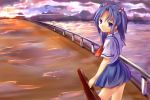  1girl baisi_shaonian blue_hair clannad clouds hair_bobbles hair_ornament highres ichinose_kotomi long_hair school_uniform sky solo sunset twintails two_side_up violet_eyes violin_case water 