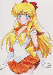 1girl adult_swim aino_minako bishoujo_senshi_sailor_moon bishoujo_senshi_sailor_moon_r bishoujo_senshi_sailor_moon_r:_the_movie bishoujo_senshi_sailor_moon_s bishoujo_senshi_sailor_moon_s:_the_movie bishoujo_senshi_sailor_moon_supers bishoujo_senshi_sailor_moon_supers:_the_movie blonde_hair blue_eyes bow chikoto chikoto_(kztc4472) highres marker_(medium) retro_artstyle sailor_senshi_uniform sailor_venus tiara toei_company toonami traditional_media viz_media