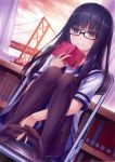  1girl 2d absurdres bangs black_hair black_legwear blunt_bangs book bridge chair feet folding_chair glasses highres knees_on_chest leg_hug long_hair pantyhose scan school_uniform serafuku sitting skirt smile solo thighband_pantyhose toes violet_eyes 