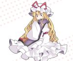 1girl age_regression blonde_hair commentary_request dress hammer_(sunset_beach) hat long_hair looking_at_viewer oversized_clothes sleeves_past_wrists solo sweatdrop touhou violet_eyes white_dress wide_sleeves yakumo_yukari young 