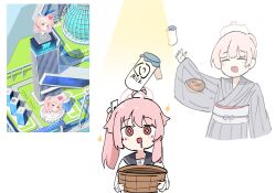  +_+ 2girls :d ^_^ black_sailor_collar blue_archive blunt_bangs blush bottle brown_hair closed_eyes drooling game_screenshot_inset grey_kimono grey_sash hair_between_eyes hair_bun halo hand_up hashtag-only_commentary highres holding holding_pastry_bag japanese_clothes kimono milk_bottle multiple_girls natsu_(blue_archive) nodoka_(blue_archive) nodoka_(hot_spring)_(blue_archive) official_alternate_costume one_side_up pastry_bag pink_hair pink_halo raw_beef red_eyes sailor_collar sash screenshot_inset shirt short_hair sidelocks single_hair_bun smile spotlight waist_sash white_shirt 