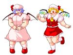  2girls ^_^ ascot closed_eyes flandre_scarlet highres multiple_girls muscle nazo open_mouth puffy_sleeves remilia_scarlet sweatdrop touhou transparent_background undersized_clothes wings 