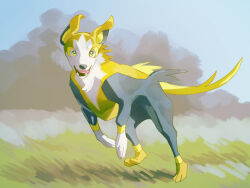 1other animal boltund clouds cloudy_sky commentary_request dog fangs field full_body fur fusenryo grass looking_at_viewer nature no_humans outdoors pokemon pokemon_(creature) running sky solo teeth tongue yellow_eyes