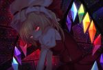  1girl blonde_hair fangs flandre_scarlet hat open_mouth philomelalilium red_eyes short_hair side_ponytail solo touhou wings 