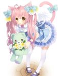  1girl animal_ears bent_over bow cat_ears cat_tail colored flower frills hair_bow highres long_hair nano00 original pink_hair simple_background smile solo stuffed_animal stuffed_toy tail teddy_bear thighhighs white_background white_legwear yellow_eyes 