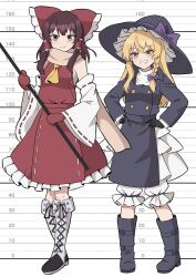  2girls ascot black_boots black_gloves black_hat black_jacket blonde_hair bloomers blush boots bow braid brown_eyes brown_hair closed_mouth commentary_request detached_sleeves forbidden_scrollery frilled_bow frilled_hair_tubes frilled_skirt frills full_body gloves gohei grin hair_bow hair_tubes hakurei_reimu hands_on_own_hips hat hat_bow height_chart height_difference highres holding holding_gohei jacket kirisame_marisa kiyo_(tomoki6107) knee_boots lace-up_boots long_hair long_sleeves looking_at_viewer mittens multiple_girls official_alternate_costume purple_bow red_bow red_mittens red_skirt ribbon-trimmed_sleeves ribbon_trim scarf side_braid single_braid skirt skirt_set smile touhou white_bloomers white_boots witch_hat yellow_ascot yellow_eyes yellow_scarf 