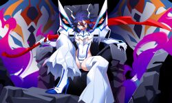 1girl absurdres highres junketsu kill_la_kill living_clothes mankanshoku_mako matoi_ryuuko multicolored_hair revealing_clothes scissor_blade scissor_blade_(kill_la_kill) solo suspenders sword thick_thighs thighs tlotro weapon