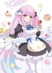  1girl angel_wings apron aqua_hair black_scrunchie blue_archive blush breasts buttons cake cake_slice commentary_request crescent double-breasted doughnut feathered_wings flower food frilled_apron frills gradient_hair hair_flower hair_ornament hair_scrunchie halo highres ketchup ketchup_bottle long_hair long_sleeves looking_at_viewer low_wings maid maid_apron medium_breasts mika_(blue_archive) multicolored_hair omelet omurice open_mouth pantyhose pink_hair pink_halo puffy_long_sleeves puffy_sleeves scrunchie simple_background smile solo strawberry_cake swiss_roll user_ntma4584 white_background white_pantyhose white_wings wing_ornament wings yellow_eyes 