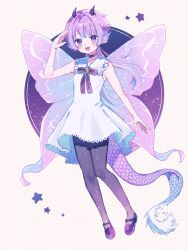  +_+ 1girl absurdres bare_shoulders butterfly_wings clenched_hands dragon_ears dragon_girl dragon_horns dragon_tail dragon_wings dress fairy fairy_wings fins flat_chest happy head_fins highres hiro_0607 horns insect_wings laffy_(oc) looking_at_viewer non-web_source open_mouth original pantyhose patterned_background petite purple_hair purple_pantyhose purple_ribbon ribbon salute shoes short_hair short_sleeves simple_background solo sparkling_eyes standing star_(sky) star_(symbol) starry_sky_background tail violet_eyes white_background white_dress wings 