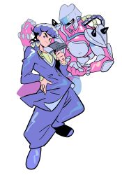  1boy 1other absurdres bag black_bag black_hair blue_jacket blue_pants clenched_hand closed_mouth collared_coat commentary_request crazy_diamond diamond_wa_kudakenai gakuran gogeyama hand_on_own_hip heart higashikata_josuke highres holding holding_bag jacket jojo_no_kimyou_na_bouken layered_sleeves long_sleeves looking_to_the_side male_focus pants pompadour popped_collar school_uniform shirt shoes sideways_glance simple_background smile white_background yellow_shirt 