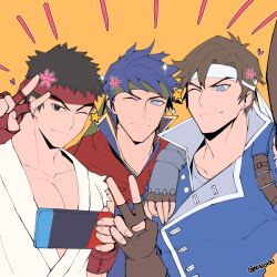  3boys bad_id bad_tumblr_id black_eyes blue_eyes blue_hair bright_pupils brown_hair castlevania:_rondo_of_blood castlevania_(series) closed_mouth commentary english_commentary fire_emblem fire_emblem:_path_of_radiance green_headband handheld_game_console headband highres holding holding_handheld_game_console ike_(fire_emblem) kyou_(iuciferic) looking_at_viewer male_focus multiple_boys nintendo_switch one_eye_closed pectoral_cleavage pectorals red_headband richter_belmont ryu_(street_fighter) short_hair simple_background smile street_fighter super_smash_bros. twitter_username v variant_set white_headband white_pupils 