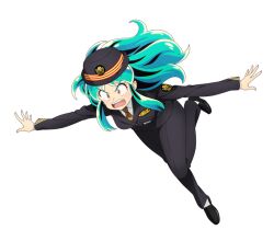  1girl angry black_hat black_pants black_shoes blue_hair formal_clothes hat leaning_forward leg_up lum multicolored_hair necktie open_mouth orange_eyes outstretched_arms pale_skin pants pointy_ears shoes sidelocks solo spread_arms striped_necktie teeth transparent_background upper_teeth_only urusei_yatsura v-shaped_eyebrows yellow_necktie 