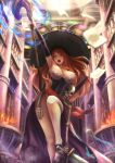  1girl bare_shoulders breasts brown_eyes cleavage dragon&#039;s_crown dress hat highres huge_breasts long_hair redhead skeleton solo sorceress_(dragon&#039;s_crown) staff strapless_dress witch_hat yazuo 