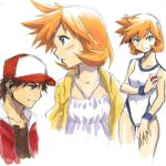  1boy 1girl baseball_cap black_eyes black_hair blush green_eyes hat holding holding_poke_ball jacket kasumi_(pokemon) misty_(pokemon) one-piece_swimsuit orange_hair poke_ball pokemon pokemon_(game) pokemon_frlg red_(pokemon) red_(pokemon)_(classic) rough sei_jun short_hair smile swimsuit wristband 