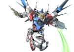  beam_rifle beam_saber build_strike_gundam energy_gun energy_sword foreshortening glowing glowing_eyes gun gundam gundam_build_fighters mecha no_humans paintedmike science_fiction shield simple_background sword weapon white_background wings 