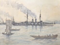  6+boys atelier_bono battleship commentary_request highres imperial_japanese_navy katori_(battleship) mast military_vehicle multiple_boys ocean original painting_(medium) sampan ship ship_turret sky smoke smokestack traditional_media warship watercolor_(medium) watercraft yellow_sky 