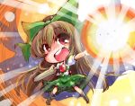  1girl arm_cannon bird_wings black_wings bow brown_hair cape chibi concrete energy_ball hair_bow long_hair open_mouth outstretched_arms puffy_sleeves red_eyes reiuji_utsuho shinapuu shirt short_sleeves skirt solo third_eye touhou very_long_hair weapon wings 