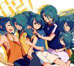  6+boys adult blue_hair child hair_over_one_eye highres inazuma_eleven inazuma_eleven_(series) kazemaru_ichirouta long_hair male miyukiyo multiple_boys ponytail red_eyes smile soccer_uniform time_paradox young 