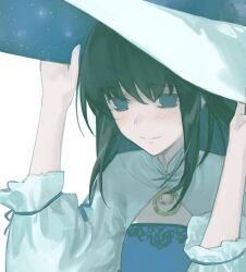  1girl aozaki_aoko blue_eyes brown_hair dress frilled_dress frills hat highres long_hair mahou_tsukai_no_yoru solo white_dress yuishironeko 