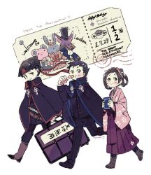  1girl 2boys ace_attorney anniversary bangs_pinned_back belt belt_buckle black_boots black_cape black_jacket black_pants black_shoes blunt_ends blush_stickers book boots bright_pupils brown_belt brown_boots brown_eyes brown_hair buckle buttons cape cherry_blossom_print chewing closed_mouth collared_cape commentary_request dango dress_pants eating eyelashes floral_print food forehead gakuran hair_rings hakama hakama_skirt hazime headband high_collar holding holding_book holding_food holding_suitcase jacket japanese_clothes katana kazuma_asogi kimono knee_boots long_sleeves multiple_boys pants pink_kimono print_kimono purple_hakama red_headband ryunosuke_naruhodo sanshoku_dango school_uniform sheath sheathed shoes short_hair short_kimono simple_background skirt smile stamp_mark suitcase susato_mikotoba sword the_great_ace_attorney thick_eyebrows ticket v-shaped_eyebrows very_short_hair wagashi walking weapon white_background white_pupils wide_sleeves 