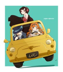  3girls apple_cafemocha aqua_background black_coat black_hair black_hat blue_bow boater_hat border bow car checkered_hairband closed_mouth coat commentary_request convertible cup dress drinking driving feather_dress feather_hair_ornament feathers green_eyes grey_hair grin hair_ornament hairband hat hat_bow highres holding holding_cup jewelry long_hair looking_at_viewer motor_vehicle multiple_girls necklace open_clothes open_coat orange_hair red_dress red_eyes reverse:1999 schneider_(reverse:1999) short_hair single_bare_shoulder single_off_shoulder sleeveless sleeveless_dress smile sonetto_(reverse:1999) spilling steering_wheel sweat tea teacup twitter_username two_side_up vertin_(reverse:1999) white_border white_dress white_hairband 