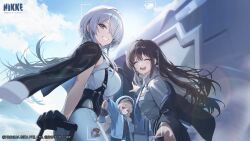  3girls absurdres black_coat black_hair blue_eyes blue_necktie blue_pants blue_sky brid_(nikke) brid_(silent_track)_(nikke) brown_eyes brown_hair closed_eyes coat collared_shirt commentary day diesel_(nikke) diesel_(winter_sweets)_(nikke) english_commentary goddess_of_victory:_nikke grey_hair hair_over_one_eye hat highres holding holding_microphone infinity_rail_(nikke) long_hair looking_at_viewer microphone multiple_girls necktie official_alternate_costume official_art open_mouth outdoors pants parted_lips pointing rolling_suitcase shirt sky smile soline_(frost_ticket)_(nikke) soline_(nikke) standing suitcase teeth train twintails white_hat white_shirt 