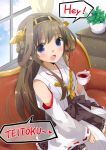  1girl ahoge bare_shoulders blue_eyes blush brown_hair couch cup detached_sleeves english hairband japanese_clothes kantai_collection kongou_(kantai_collection) long_hair looking_at_viewer open_mouth personification sitting skirt smile solo tamaoka_kagari teacup wide_sleeves 