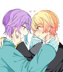 2boys blush gradient_hair hand_on_another's_face hand_on_another's_shoulder heart highres kamishiro_rui long_sleeves looking_at_another multicolored_hair multiple_boys orange_eyes plumx100x project_sekai purple_hair smile tenma_tsukasa white_background yaoi yellow_eyes