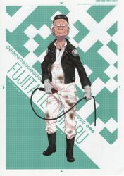  1boy absurdres bags_under_eyes bandana black_boots boots character_name closed_eyes crow's_feet frown_lines fujita_tetsuharu fukuda_tomonori full_body game_cg gloves highres jacket jowls jumpsuit leather leather_boots leather_jacket male_focus non-web_source official_art old old_man pants robotics;notes science_adventure shoulder_plates smile_lines solo white_gloves white_jumpsuit wrinkled_forehead wrinkled_lips wrinkled_skin 