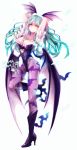  1girl bare_shoulders bat bat_print bat_wings boots breasts bridal_gauntlets cleavage demon_girl elbow_gloves gloves green_hair head_wings heart highres large_breasts leotard lips long_hair morrigan_aensland pantyhose print_legwear purple_legwear short_hair solo succubus vampire_(game) wings yellow_eyes 