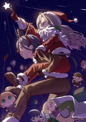  2girls absurdres animal_costume antlers anyoji_hime blue_eyes box carrying carrying_person ceras_yanagida_lilienfeld character_doll commentary_request doll fake_beard fake_facial_hair fujishima_megumi fur-trimmed_gloves fur-trimmed_headwear fur_trim gift gift_box gloves grey_hair hanamiya_nina_(style) hat highres hinoshita_kaho horns kachimachi_kosuzu katsuragi_izumi kuripan_plushie link!_like!_love_live! long_hair love_live! momose_ginko multiple_girls murano_sayaka nesoberi ogami_sachi osawa_rurino otomune_kozue pants piggyback pointing red_gloves red_hat red_nose red_pants reindeer_antlers reindeer_costume santa_costume santa_hat star_(sky) star_(symbol) sunkeun yugiri_tsuzuri 