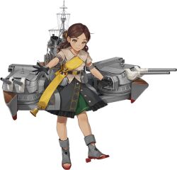  1girl artist_request bad_link bell black_gloves black_skirt brown_eyes brown_hair brown_shirt cannon full_body gloves kantai_collection leaning_forward long_hair looking_at_viewer machinery mast military_uniform open-toe_shoes rudder_footwear sash shirt short_sleeves skirt smile solo thonburi_(kancolle) transparent_background 